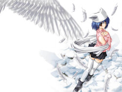  2000s_(style) asuka_pyon bird blue_hair blush brown_eyes detached_sleeves dove feathers female from_behind hat kitazato_shigure looking_back short_hair skirt snow snow_(game) solo sweater thighhighs white_thighhighs zettai_ryouiki 