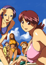  5girls ^_^ asuka_minori bag beach bent_over bikini breasts chair cirima closed_eyes cloud day fujiwara_reiko harukaze_haruka head_tilt jacket large_breasts long_hair lounge_chair mature_female multiple_girls ojamajo_doremi okamura_atsuko orange_eyes orange_hair outdoors purple_eyes purple_hair red_eyes red_hair segawa_miho short_hair sideboob sitting sky smile sports_bikini sweat swimsuit tan towel wet 