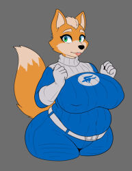  anthro arms_bent belly belt big_breasts bodysuit breasts canid canine choccy_boo clothing cosplay fantastic_four female fox fox_mccloud gloves green_eyes handwear looking_at_viewer mammal mtf_crossgender nintendo pregnant pregnant_female rule_63 skinsuit solo star_fox susan_storm_(marvel) tail thick_thighs tight_clothing 