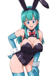  :d absurdres animal_ear_hairband animal_ears aqua_gloves aqua_hair aqua_thighhighs ass_visible_through_thighs black_hairband black_leotard blue_eyes bow bowtie breasts bulma_briefs cleavage cleavage_cutout clothing_cutout commentary_request detached_collar dragon_ball dragon_ball_(classic) elbow_gloves fake_animal_ears female gloves hairband hand_on_own_hip haruhisky highres large_breasts leotard long_hair looking_at_viewer open_mouth playboy_bunny rabbit_ears red_bow red_bowtie smile solo standing thighhighs thighs variant_set white_wrist_cuffs wrist_cuffs 