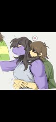  anthro assertive_human assertive_male biceps blush bodily_fluids clothing deltarune dinosaur duo female green_clothing green_shirt green_topwear heart_symbol hi_res hug hugging_another hugging_from_behind human kris_dreemurr larger_female male male/female mammal muscular muscular_female prehistoric_species purple_body red_eyes reptile scalie shirt shocked size_difference smaller_male susie_(deltarune) sweat sweatdrop tank_top topwear ttudolee undertale_(series) 