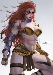  abs angela_(marvel) armor bodypaint breasts cleavage female highres large_breasts long_hair looking_at_viewer marvel marvel_rivals metal_bra muscular muscular_female navel nixri red_hair scar scar_on_stomach simple_background solo thor_(marvel)_(series) 