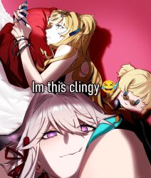  2girls aqua_eyes blonde_hair bracelet emoji english_text hair_intakes hashtag-only_commentary highres honkai_(series) honkai_impact_3rd i'm_this_clingy_(meme) jewelry meme multiple_boys multiple_girls phone pillow plume.v purple_eyes ribbon ring shadow songque stuffed_toy sunglasses tassel thelema_nutriscu thighs white_hair yuri 