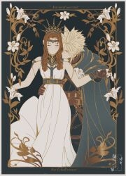  1boy absurdres aerith_gainsborough aerith_gainsborough_(loveless_dress) artist_name belt black_background black_jacket black_pants blonde_hair blue_cloak border breasts brown_belt brown_gloves brown_hair chest_harness circlet cloak closed_eyes cloud_strife cloud_strife_(alphreid_costume) couple cowboy_shot crown dress earrings english_text female final_fantasy final_fantasy_vii final_fantasy_vii_rebirth final_fantasy_vii_remake flower gloves grey_border hair_between_eyes hand_on_another&#039;s_waist harness highres holding_hands jacket jewelry lily_(flower) long_dress long_hair medium_breasts official_alternate_costume pants parted_bangs princess_rosa_costume shanlieart short_hair sidelocks single_earring sleeveless sleeveless_dress spiked_hair straight white_dress white_flower 