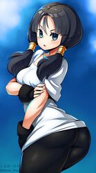  ass bad_id bad_twitter_id black_gloves black_hair black_shorts blue_eyes blush breasts cleavage commentary_request dragon_ball dragon_ball_z female fingerless_gloves gloves highres kara_age long_hair looking_at_viewer looking_back medium_breasts medium_hair open_mouth shirt shorts simple_background solo twintails videl white_shirt 