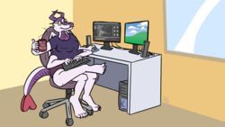  16:9 3_legs 4_arms ambiguous_gender anthro beverage bottomwear chair clothing computer container cup desk electronics eyewear furniture glasses hexadoodle hi_res horn keyboard mammal monitor mouse multi_arm multi_eye multi_leg multi_limb multi_monitor murid murine polydactyly rodent shirt shorts sitting solo speaker table tail thick_tail topwear widescreen window wings 