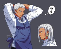  1boy apron artist_name commentary_request dark-skinned_male dark_skin dedue_molinaro earrings fire_emblem fire_emblem:_three_houses green_eyes grey_background jewelry long_hair male_focus shumai_(sm318) solo white_hair 