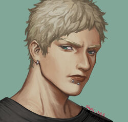  1boy absurdres artist_name black_shirt blonde_hair blue_background blue_eyes dated earrings given highres jewelry kaji_akihiko lip_piercing looking_at_viewer male_focus ninunins photoshop_(medium) piercing portrait serious shirt simple_background solo 