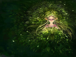  closed_eyes closed_mouth commentary dated ekaterina_orange english_commentary female green_hair highres lif_(ragnarok_online) long_hair monster_girl plant plant_girl plant_hair pointy_ears ragnarok_online signature smile solo upper_body 