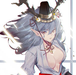  black_hat blue_sky breasts brown_hair chin_strap chinese_commentary chromatic_aberration cleavage commentary_request female hat highres horn_bell horns jewelry long_hair looking_at_viewer medium_breasts necklace onmyoji open_clothes open_shirt papa_(839171447) photoshop_(medium) pointy_ears shirt sky solo suzuka_gozen_(onmyoji) upper_body white_background white_shirt 