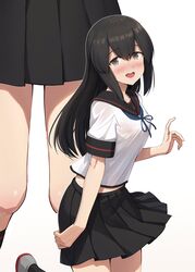  anchor_symbol black_eyes black_hair black_sailor_collar black_skirt blush braid commentary_request cowboy_shot female hair_between_eyes hair_down highres ichikawa_feesu isonami_(kancolle) isonami_kai_ni_(kancolle) kantai_collection long_hair multiple_views nose_blush open_mouth pleated_skirt round_teeth sailor_collar school_uniform serafuku sidelocks simple_background skirt teeth upper_teeth_only white_background zoom_layer 