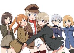  6+girls :d ;d amelie_planchard arm_around_waist ass ass_visible_through_thighs belt black_belt black_jacket black_legwear black_ribbon blazer blonde_hair blue_eyes blue_jacket bob_cut bow bow_panties braid brown_headwear brown_jacket commentary_request crotch_seam flat_cap francie_gerard green_eyes grey_eyes grey_hair hair_ribbon hand_on_own_chin hat highres hug isle_of_wight_detachment_group jacket kadomaru_misa kaneko_(novram58) laura_toth light_brown_hair long_hair looking_at_another looking_at_viewer looking_back lynette_bishop medium_hair military military_uniform multiple_girls necktie no_pants one_eye_closed open_mouth orange_hair panties partial_commentary red_scarf ribbon scarf shirt short_hair siblings simple_background sisters smile strike_witches strike_witches:_katayoku_no_majo-tachi thighhighs twin_braids twintails underwear uniform very_short_hair white_background white_panties white_ribbon white_shirt wilma_bishop wing_collar world_witches_series 