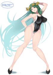  absurdres alternate_costume bare_arms bare_shoulders black_footwear black_one-piece_swimsuit breasts circlet cleavage commentary_request competition_swimsuit eyes_visible_through_hair female full_body green_eyes green_hair highleg highleg_swimsuit highres kid_icarus large_breasts legs long_hair mi_mi_ham one-piece_swimsuit palutena shoes simple_background solo swimsuit thighs twitter_username very_long_hair white_background 