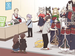  4girls 6+boys alanaan animal_ears apron bag beard black_cloak black_hair blonde_hair boots braid brother_and_sister brown_footwear brown_hair caim_(granblue_fantasy) cash_register cashier choker cloak commentary_request draph dress drill_hair erune estarriola facial_hair floating flower fraux geisenborger granblue_fantasy green_dress grey_hair haaselia hair_flower hair_ornament harvin holding hood hoodie horns katzelia lobelia_(granblue_fantasy) long_hair mame_lde maria_theresa_(granblue_fantasy) multiple_boys multiple_girls nier_(granblue_fantasy) old old_man pointy_ears purple_hair red_shirt robe sandals shirt shopping shopping_bag shopping_basket siblings sidelocks single_braid standing sweater tip_jar twintails white_shirt 