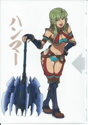  :d absurdres aqua_bikini armlet armor armored_boots artbook bikini boots breasts brown_eyes cleavage dober_(armor) female fingerless_gloves full_body fur_trim gloves green_hair highres imizu_(nitro_unknown) kochiya_sanae long_hair mace midriff monster_hunter_(series) navel open_mouth scan scan_artifacts smile solo standing swimsuit thigh_gap touhou weapon 