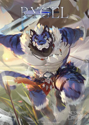  1boy abs animal_ears bara bare_pectorals beard blue_fur borrowed_character character_name commission crrispy_shark facial_hair fighting_stance flower full_body furry furry_male harness highres holding holding_sword holding_weapon large_pectorals looking_at_viewer male_focus mature_male motion_blur muscular muscular_male nipples original pectorals pelvic_curtain petals plant short_hair sky solo stomach sword tail thick_thighs thighs tiger_boy tiger_ears tiger_tail tree two-tone_fur weapon white_fur white_hair wind 