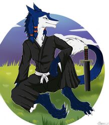  2020 anthro barefoot belt blue_body blue_fur claws clothed clothing cloud feet fur grass hi_res katana looking_away male marcushunter melee_weapon mouth_closed outside plant robe seiji_(seiji_the_sergal) sergal signature sitting sky skyscape solo sword sword_in_ground tail tail_tuft toe_claws tuft weapon 