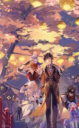  4boys 5girls absurdres aether_(genshin_impact) arm_behind_back black_gloves black_hair blonde_hair blue_eyes breasts brown_hair clone closed_mouth detached_sleeves dress earrings english_commentary envelope flower genshin_impact gloves gradient_hair hair_between_eyes hair_flower hair_ornament hat hat_flower highres holding hu_tao_(genshin_impact) jacket jewelry lantern long_hair long_sleeves lumine_(genshin_impact) mask mask_on_head multicolored_hair multiple_boys multiple_girls on_head open_mouth orange_hair outdoors paimon_(genshin_impact) pants pink_eyes purple_hair qingdai_guanmao qiqi_(genshin_impact) red_scarf rokuon scarf short_sleeves sidelocks single_earring tartaglia_(genshin_impact) tassel tree twintails twitter_username white_dress white_gloves xiao_(genshin_impact) yellow_eyes zhongli_(genshin_impact) 