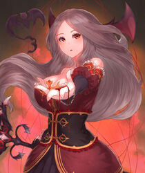  bad_id bad_pixiv_id bare_shoulders blood breasts brown_hair cleavage collarbone dress eyelashes female frilled_dress frilled_sleeves frills head_wings highres holding holding_weapon king&#039;s_raid large_breasts lewisia_(king&#039;s_raid) long_hair looking_at_viewer narrow_waist orange_eyes parted_lips reaching reaching_towards_viewer red_dress red_sleeves solo strapless strapless_dress underbust very_long_hair weapon wide_hips wings yu_mochi_(kamiinu) 