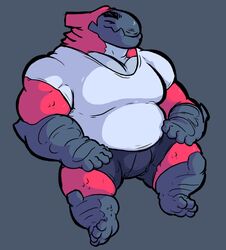  anthro barazoku barefoot big_pecs blkmnstrr clothing feet fish gills happy hi_res male marine monster musclegut muscular pecs salmon salmonid_(fish) scalie shirt simple_background slightly_chubby solo t-shirt topwear 