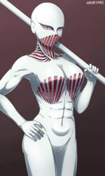  abs absurdres bald bald_girl blue_eyes breasts colored_skin commentary cowboy_shot exposed_muscle female gradient_background h3rz4rl hand_on_own_hip highres lara_tybur large_breasts navel polearm purple_eyes shingeki_no_kyojin solo spanish_commentary titan_(shingeki_no_kyojin) toned twitter_username war_hammer_titan weapon white_skin 