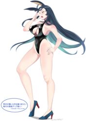  absurdres adjusting_eyewear alternate_costume animal_ears azur_lane bare_arms bare_shoulders black_one-piece_swimsuit blue_hair breasts cleavage_cutout closed_eyes clothing_cutout commentary_request covered_navel dark_blue_hair female full_body glasses hand_on_own_hip hand_up high_heels highleg highleg_swimsuit highres large_breasts legs long_hair mi_mi_ham one-piece_swimsuit open_mouth rabbit_ears round_eyewear simple_background solo souryuu_(azur_lane) swimsuit teeth thighs twitter_username very_long_hair white_background 