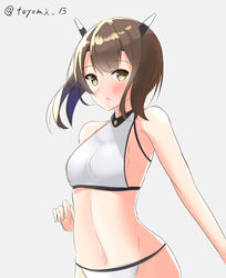  bikini brown_eyes brown_hair commentary_request cowboy_shot female flat_chest grey_background headband headgear kantai_collection looking_at_viewer solo swimsuit taihou_(kancolle) toyomi_13 twitter_username white_bikini 