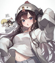  :o absurdres bespectacled blush breasts chibi chibi_inset chicken_hat double-parted_bangs female glasses highres ichinose_shiki idolmaster idolmaster_cinderella_girls idolmaster_cinderella_girls_u149 kudou_(sikisiki0000) lab_coat long_hair looking_at_viewer medium_breasts miyamoto_frederica navel purple_hair shirt simple_background sleeves_past_fingers sleeves_past_wrists translation_request upper_body very_long_hair white_background white_shirt 