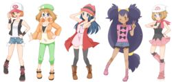  5girls :d ;d ;| aqua_eyes bag baseball_cap beanie bianca_(pokemon) bianca_(pokemon)_(cosplay) black_socks black_thighhighs black_vest black_wristband blonde_hair blue_eyes blue_hair blue_ribbon blue_shorts blush boots bow bow_print bracelet breasts brown_footwear brown_hair closed_mouth collarbone commentary_request cosplay dark-skinned_female dark_skin dawn_(pokemon) dawn_(pokemon)_(cosplay) dress eyelashes frilled_shorts frills full_body green_headwear green_pants hair_ornament hairclip hand_on_own_hip hat hat_bow high_heels highres hilda_(pokemon) hilda_(pokemon)_(cosplay) holding holding_clothes holding_hat iris_(pokemon) jewelry kasumi_(pokemon) long_hair long_sleeves looking_at_viewer looking_at_watch may_(pokemon) medium_hair mikeko_(neko19920311) miniskirt multiple_girls one_eye_closed open_mouth orange_hair over-kneehighs pants pink_footwear pink_headwear pink_shirt pink_skirt pokemon pokemon_(anime) pokemon_(classic_anime) pokemon_bw pokemon_bw2 pokemon_bw_(anime) pokemon_dppt_(anime) pokemon_rse_(anime) pokemon_xy_(anime) purple_hair red_scarf ribbon scarf serena_(pokemon) serena_(pokemon)_(cosplay) shauna_(pokemon) shauna_(pokemon)_(cosplay) shirt shoes short_hair short_shorts shorts shoulder_bag sidelocks skirt sleeveless sleeveless_dress sleeveless_shirt smile socks standing thighhighs tied_hair transparent_background twintails very_long_hair vest white_bow white_headwear white_shirt yellow_eyes zettai_ryouiki 