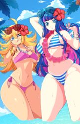  2girls beach bikini blonde_hair blue_eyes blue_hair blunt_bangs bracelet breasts colored_inner_hair flower hair_flower hair_ornament highres jewelry long_hair messy_hair multicolored_hair multiple_girls navel ocean outdoors palm_leaf panty_&amp;_stocking_with_garterbelt panty_(psg) pink_bikini purple_hair queen_ashi siblings sisters stocking_(psg) striped_bikini striped_clothes swimsuit two-tone_hair 