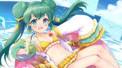  bikini bikini_skirt bitcoin blue_eyes blue_sky blush braid braided_bun cloud cup day disposable_cup double_bun drinking_straw female flower frilled_bikini frilled_sleeves frills green_hair hair_bun halterneck hibiscus holding holding_cup howakyun! innertube jacket layered_sleeves long_hair lying navel nazuki_ridera ocean on_back open_mouth orange_bikini outdoors sidelocks sky solo stomach striped_bikini striped_clothes swim_ring swimsuit tougo twintails virtual_youtuber white_jacket 