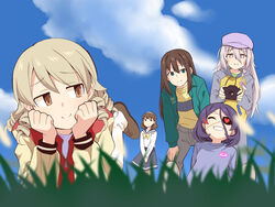  5girls bad_id bad_pixiv_id blonde_hair blue_eyes blurry bow braid brown_eyes brown_hair camera cloud commentary depth_of_field eyepatch gakkou_no_kaidan_(anime) grass hairband hat hayasaka_mirei hood hoodie hoshi_syoko idolmaster idolmaster_cinderella_girls individuals_(idolmaster) jacket leaning_forward long_hair looking_at_another lying morikubo_nono multicolored_hair multiple_girls on_stomach outdoors pants parody photoshop_(medium) purple_hair red_hair ringlets sakuma_mayu school_uniform serafuku shibuya_rin short_hair skirt sky smile streaked_hair uccow 