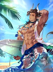  1boy abs animal_ears arknights bara bare_pectorals bare_shoulders beach blue_male_swimwear blue_sky brown_hair bulge cow_boy cow_ears cow_horns crrispy_shark dark-skinned_male dark_skin day feet_out_of_frame highres horns large_pectorals male_focus male_swimwear matterhorn_(arknights) matterhorn_(beach_guard)_(arknights) muscular muscular_male navel nipples official_alternate_costume one_eye_closed open_clothes outdoors partially_submerged pectorals see-through_silhouette short_hair shorts sky solo stomach sunlight surfboard swim_briefs swim_trunks water wet wet_shorts 