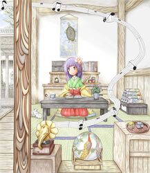  bat_(animal) beamed_eighth_notes bird blunt_bangs book bookshelf commentary crystal_ball cup dragon eighth_note female fence flower hair_flower hair_ornament hakama hakama_short_skirt hakama_skirt hanging_scroll head_tilt hieda_no_akyuu highres indoors japanese_clothes kimono layered_clothes layered_kimono looking_to_the_side medium_hair musical_note obi open_book peacock phonograph purple_eyes purple_hair quarter_note quill red_hakama sash saucer scroll seiza sitting sixteenth_note skirt smile solo staff_(music) stone_lantern tatami teacup teapot touhou tray turtle wooden_fence writing ys_(ytoskyoku-57) 