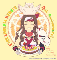  :d animal_on_head anniversary bird bird_on_head blush_stickers brown_hair cake closed_eyes copyright_name enkyo_yuuichirou facing_viewer female fire_emblem fire_emblem_heroes food fox_mask framed hana_(fire_emblem) hana_(ninja)_(fire_emblem) headband holding holding_cake holding_food holding_tray mask mask_on_shoulder official_art on_head open_mouth owl signature smile solo translated tray upper_body 