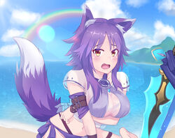  animal_ear_fluff animal_ears arm_belt arm_under_breasts beach bikini blue_sky blush breasts brown_eyes cleavage criss-cross_halter day female halterneck highres large_breasts lens_flare looking_at_viewer ltsum makoto_(princess_connect!) makoto_(summer)_(princess_connect!) medium_hair o-ring ocean oerba_yun_fang open_mouth outdoors princess_connect! purple_bikini purple_hair see-through shirt shore sidelocks sitting sky solo swimsuit sword tail thighs wariza weapon wet wet_clothes wet_shirt wolf_ears wolf_girl wolf_tail 