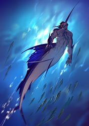  1boy abs absurdres bara brown_hair completely_nude crrispy_shark fins fish fish_boy freediving from_below highres large_pectorals male_focus merman monster_boy muscular muscular_male navel nipples nude original pectorals short_hair solo stomach swimming underwater 