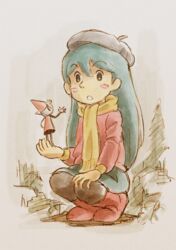  absurdres alfur_(hilda) beret black_legwear blue_hair blush boots female hand_on_own_knee hasp hat highres hilda_(hilda) hilda_(series) looking_at_another open_mouth raised_eyebrows red_footwear red_sweater scarf skirt squatting studio_ghibli_(style) sweater wide-eyed 