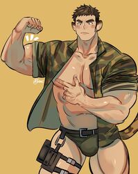  1boy abs animal_ears bara bare_pectorals belt biceps blush briefs brk_603 bulge camouflage camouflage_jacket cowboy_shot flexing green_male_underwear jacket jaguar_boy jaguar_ears jaguar_tail korean_commentary large_pectorals male_focus male_underwear muscular muscular_male navel nipples no_pants open_clothes open_jacket pectorals pointing pointing_at_self pose short_hair skindentation solo stomach tail thick_thighs thighs tokyo_afterschool_summoners underwear world_wrestler_(housamo) 