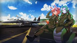  2girls ;d absurdres aircraft airplane animal_ears blue_skin blue_sky boots closed_mouth cloud colored_skin commentary commission echidna_(monster_girl_encyclopedia) elysia_watanabe english_commentary f-15_eagle fighter_jet fox_ears fox_girl fox_tail glasses gloves green_hair helmet highres holding holding_helmet horizon jet lamia long_hair long_sleeves military military_vehicle monster_girl monster_girl_encyclopedia multiple_girls one_eye_closed open_mouth original outdoors pants persocon93 pointy_ears red_eyes red_hair second-party_source short_hair sitting sky smile snake_hair tail uniform yellow_eyes 