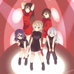  5girls ahoge arms_at_sides arms_behind_head bad_id bad_pixiv_id black_bow black_dress black_footwear black_pants black_shirt boots bow braid brown_eyes brown_hair closed_mouth collared_dress commentary dress eyepatch full_body green_eyes hairbow hand_on_own_hip hand_on_own_knee hayasaka_mirei hoshi_syoko idolmaster idolmaster_cinderella_girls individuals_(idolmaster) indoors leaning_forward light_brown_hair long_hair looking_at_viewer morikubo_nono morning_musume multicolored_hair multiple_girls oerba_yun_fang open_mouth pants parody parted_lips photoshop_(medium) raised_eyebrows red_dress red_footwear ringlets sakuma_mayu shibuya_rin shirt short_sleeves single_braid sleeveless sleeveless_shirt smile song_name standing streaked_hair translated uccow v-shaped_eyebrows white_eyes white_hair 