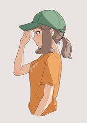  absurdres adjusting_clothes adjusting_headwear baseball_cap brown_eyes brown_hair closed_mouth cropped_torso female from_side green_hat grey_background hand_up hat highres light_blush long_hair michikusaya natsuna_(michikusaya) nishizuki_shino orange_shirt ponytail profile shirt short_sleeves sidelocks simple_background smile solo upper_body 