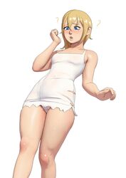  ? bare_legs bare_shoulders blonde_hair blue_eyes blush breasts dress feet_out_of_frame female from_below hair_between_eyes hand_up highres john_doe_(jdart) kingdom_hearts lips looking_down namine open_mouth panties pantyshot short_dress short_hair sleeveless sleeveless_dress small_breasts solo stomach sundress sweat torn_clothes torn_dress underwear white_background white_dress white_panties 