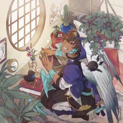  1boy bird black_sclera blue_eyes book bookshelf brown_hair cactus clock clover colored_sclera dark-skinned_male dark_skin four-leaf_clover from_above grin hanging_plant indoors looking_at_viewer magnifying_glass male_focus map map_(object) mirion pixiv_fantasia pixiv_fantasia_age_of_starlight plant potted_plant round_window seiza sharp_teeth sitting smile tasuki teeth vase white_wings window wings wrist_wings 