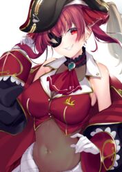  absurdres arrow_through_heart ascot bad_id bad_pixiv_id bare_shoulders black_coat black_hat blush breasts brooch cleavage coat covered_navel crop_top eyepatch female gloves gold_trim grin hair_ribbon hand_in_own_hair hand_up hat highres hololive houshou_marine houshou_marine_(1st_costume) jewelry kurogane_tekki large_breasts long_hair looking_at_viewer off_shoulder pirate_hat red_ascot red_eyes red_hair red_ribbon ribbon see-through see-through_cleavage simple_background smile solo twintails upper_body virtual_youtuber white_background white_gloves 