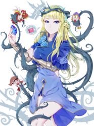  3boys blonde_hair blue_dress blue_eyes blue_flower blue_rose braid breasts chinese_commentary commentary_request crown_of_thorns crusaders_quest dress female flower frown gem holding large_breasts long_hair looking_at_viewer multiple_boys rose solo_focus thighhighs thorns wangxiii zettai_ryouiki 