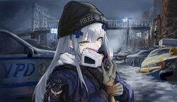  absurdres adjusting_clothes adjusting_gloves adjusting_mask agent_416_(girls&#039;_frontline) agent_416_(shield_of_manhattan)_(girls&#039;_frontline) black_headwear bridge building car coat commentary english_text female ford_crown_victoria girls&#039;_frontline gloves glowing green_eyes hair_ornament highres hk416_(girls&#039;_frontline) lamppost long_hair motor_vehicle new_york_city_police_department official_alternate_costume outdoors police police_car police_uniform respirator sawkm signature snow solo taxi tom_clancy&#039;s_the_division uniform upper_body white_hair 