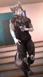  3d_(artwork) 9:16 anthro black_bottomwear black_clothing black_pants black_shirt black_topwear boots bottomwear canid canine clothed clothing digital_media_(artwork) domibun fluffy fluffy_tail footwear fox fur grey_body grey_eyes grey_fur grey_hair hair hi_res kanagawa_(domibun) knee_pads male mammal neck_tuft pants shirt sleeveless_shirt solo source_filmmaker_(artwork) stairs surprised_expression tail topwear tuft warfare_machine 