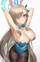  absurdres animal_ears armpits arms_behind_head arms_up asuna_(blue_archive) asuna_(bunny)_(blue_archive) asymmetrical_bangs black_pantyhose blue_archive blue_bow blue_bowtie blue_eyes blue_leotard blush bow bowtie breasts cleavage commentary_request contrapposto covered_navel cowboy_shot crossed_legs detached_collar fake_animal_ears fake_tail female from_above grin hair_over_one_eye halo highres large_breasts leotard light_brown_hair long_hair looking_at_viewer mole mole_on_breast official_alternate_costume pantyhose playboy_bunny rabbit_ears rabbit_tail skl smile solo strapless strapless_leotard tail thighband_pantyhose traditional_bowtie very_long_hair 