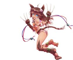  :d animal_ear_fluff animal_ears animal_hands anklet blue_eyes braid breasts brown_hair cat_ears cat_tail claw_(weapon) dark_skin earrings fangs female full_body fur gradient_hair jewelry long_hair multicolored_hair official_art open_mouth sennen_sensou_aigis single_earring sleeveless smile tachi-e tail transparent_background tsukigami_chronica ur_(sennen_sensou_aigis) v-shaped_eyebrows weapon white_hair 